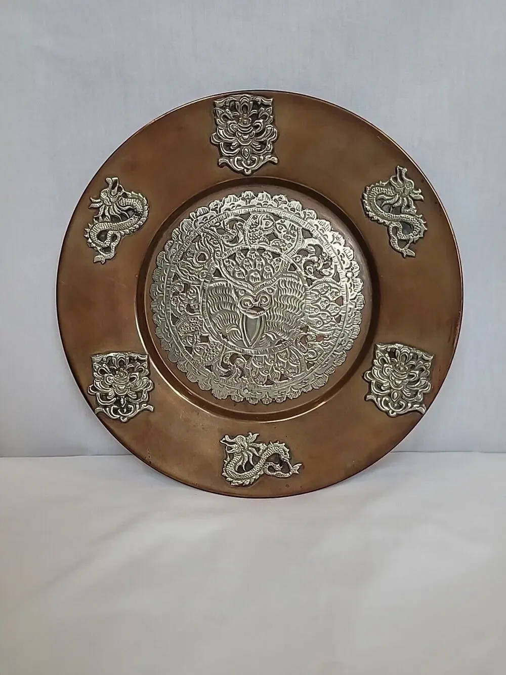 Antique Brass Copper Dragon Koi Decorative Plate Original Hand Crafted Engraved